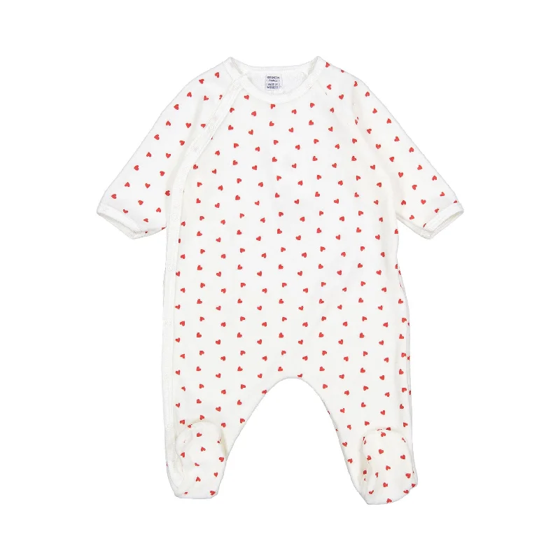 Petit Bateau White Heart Print Velour Footie