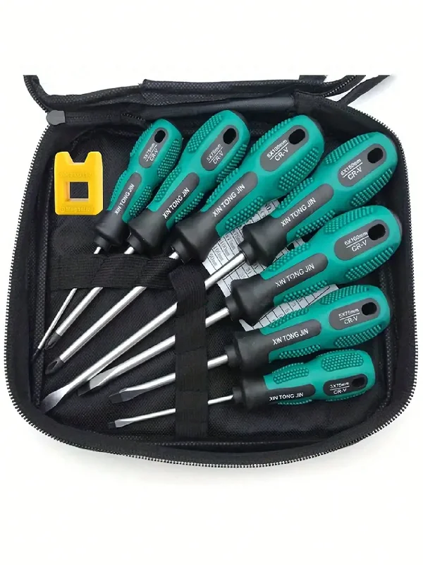 7pcs Magnetic Screwdriver Set + Magnetizer Professional Cushion Grip 5 Flat Head And 4 Phillips Head Screwdrivers Anti-Slip Home Improvement Tool Kit