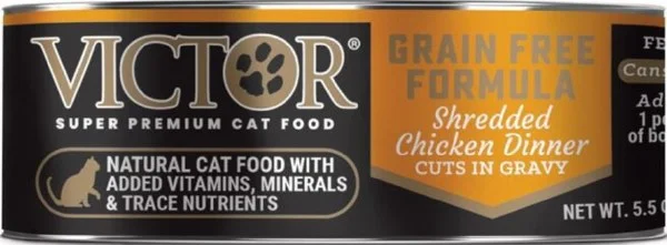    - Cat food for pregnant and nursing cats  Victor Shredded Chicken Dinner in Gravy Canned Cat Food, 5.5-oz