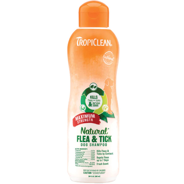 TROPICLEAN NATURAL FLEA & TICK MAXIMUM STRENGTH DOG SHAMPOO, 20 OZ