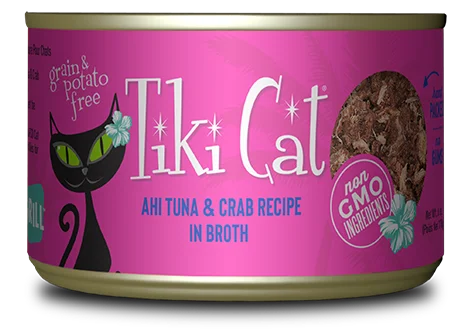    - High-protein cat food  Tiki Cat Grill Ahi Tuna & Crab Recipe in Broth Wet Cat Food Can, 6-oz