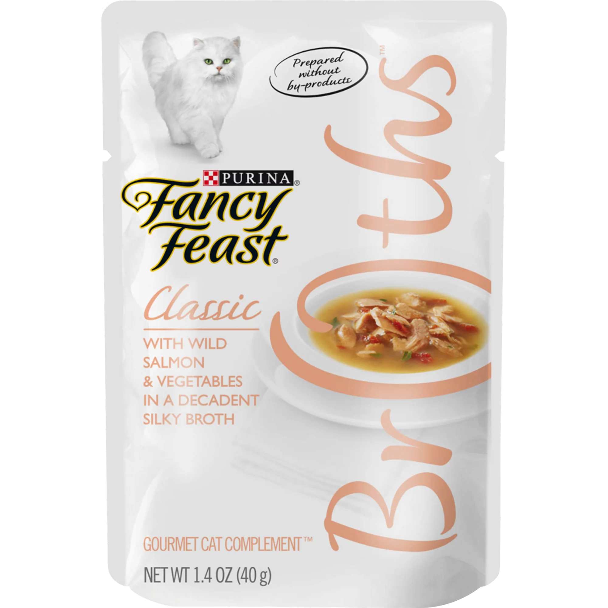    - Senior cat food  Fancy Feast Classic Broths with Wild Salmon & Vegetables Supplemental Cat Food Pouches, 1.4-oz