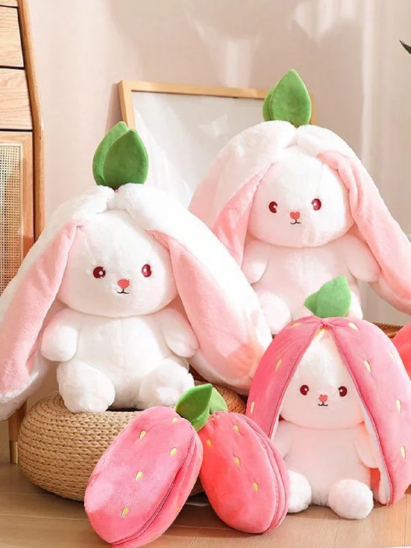 1pc Plush Strawberry Bunny Transforming Into Fruit Rabbit Stuffed Toy Radish Pillow Foldable Cute Transforming Plush Toy Suitable For Indoor Decoration