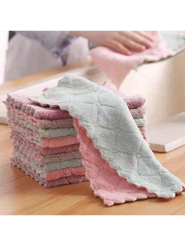 1/6/12/24pcs Thickened Double-Sided 27*16cm Coral Fleece Non-Shedding Kitchen & Home Cleaning Dishwashing Cloth, Reusable