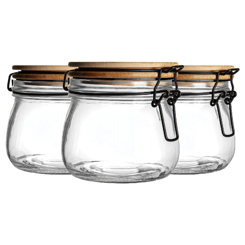 500ml Air tight Wooden Clip Lid Storage Jars - Pack of Three - By Argon Tableware