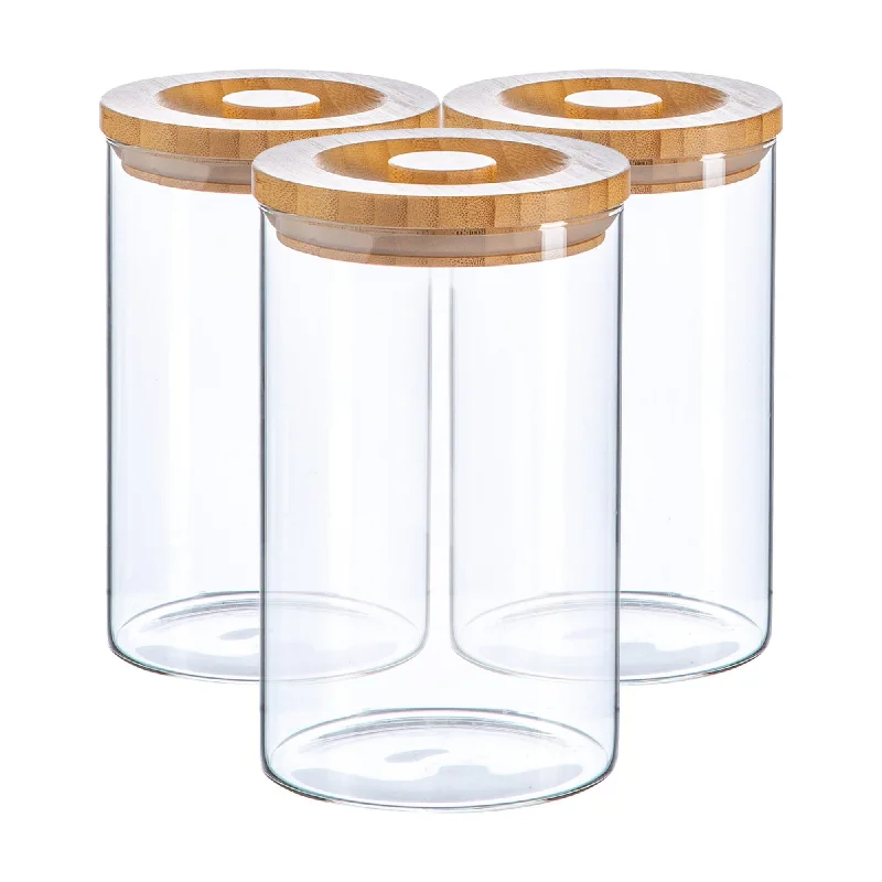 1L Scandi Storage Jars with Carved Wooden Lids - Pack of Three - By Argon Tableware