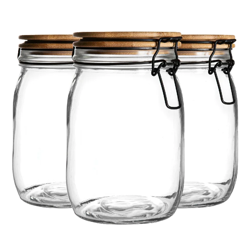 1L Air tight Wooden Clip Lid Storage Jars - Pack of Three - By Argon Tableware