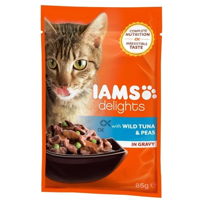    - Cat food for spayed/neutered cats  Iams Delights With Wild Tuna And Peas In Gravy - 85g