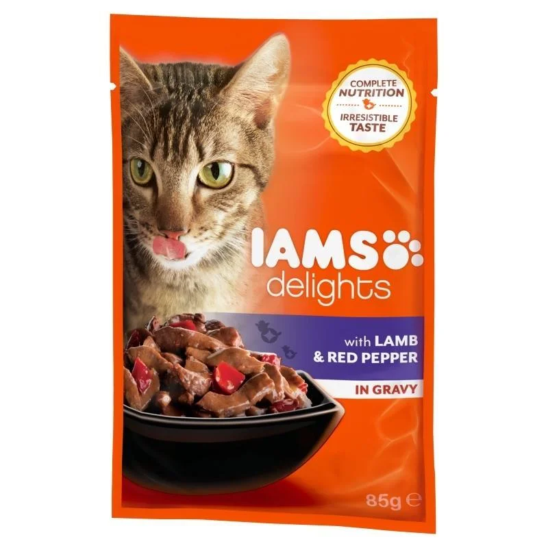    - Hairball control cat food  Iams Delights Adult Lamb & Red Pepper In Gravy - 85gr